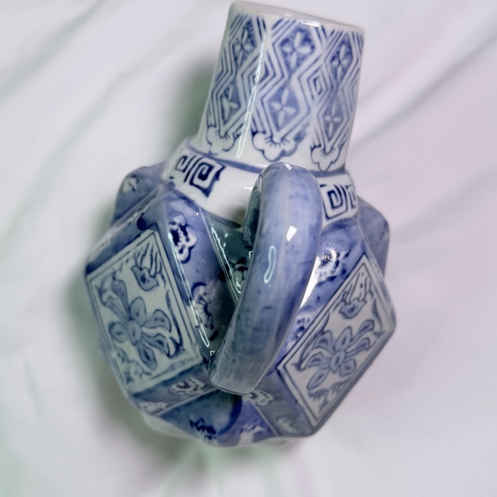 Vintage Chinese Blue White Porcelain Hexagonal Teapot Chinoiserie Collectible - Picture 7 of 15